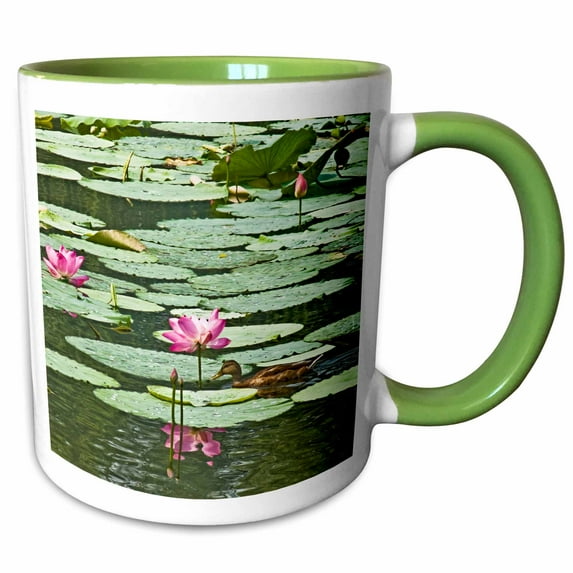 3drose, Pink Lotus Flowers in Water, 15oz Two-tone Green Mug