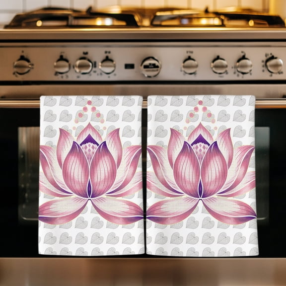 Pink Lotus Flowers Kitchen Towels Set of 1, Classic Love Heart Leaves Grey Absorbent Dish Towels for Kitchen, Microfiber Hand Towel, Quick Drying Tea Towel for Cleaning Decorative Dishcloths