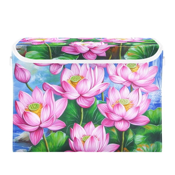 Pink Lotus Flowers Large Storage Bins with Linen Collapsible Lid Storage Box 16.7 x 12.6 x 11.8in