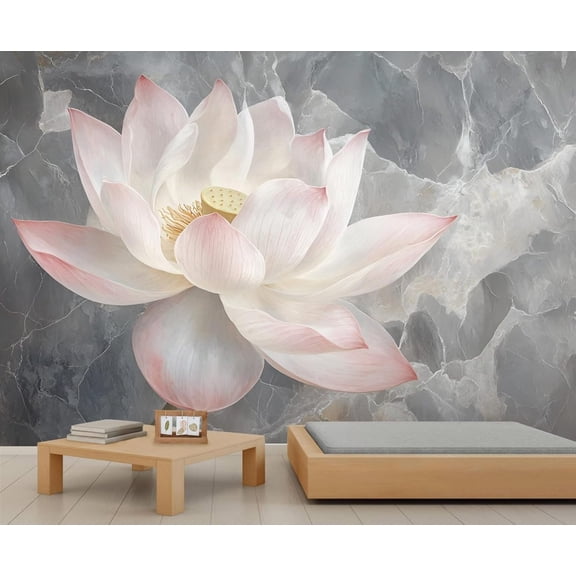 Pink Lotus Flowers Mural Wallpaper, Gray White Marble Wall Mural, Marble 3D Murals, Modern Light Luxury Art Large Wallpaper For Living Room Bedroom Wall Decor 110"W x 79"H (Not Peel and Stick)