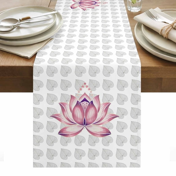 Pink Lotus Flowers Table Runner Classic Love Heart Leaves Grey Tablerunners 13 x 36 Inch, Table Decorations Tabletop Scarf for Summer Gathering Holiday Farmhouse Kitchen Dining Decor
