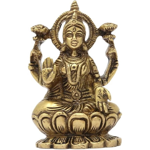 Pink-Lotus MATA Laxmi Brass Statue Sculpture for Home Temple (3.5x2x0.75 Inch)