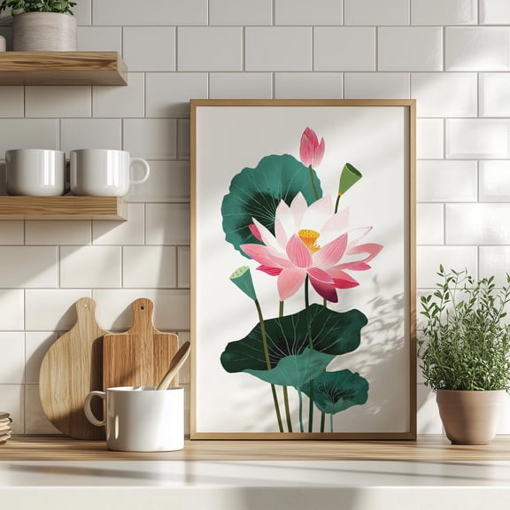 Pink Lotus Mid Century Wall Art, Zen Botanical Meditation Decor, Unframed Paper Print Size 8x12