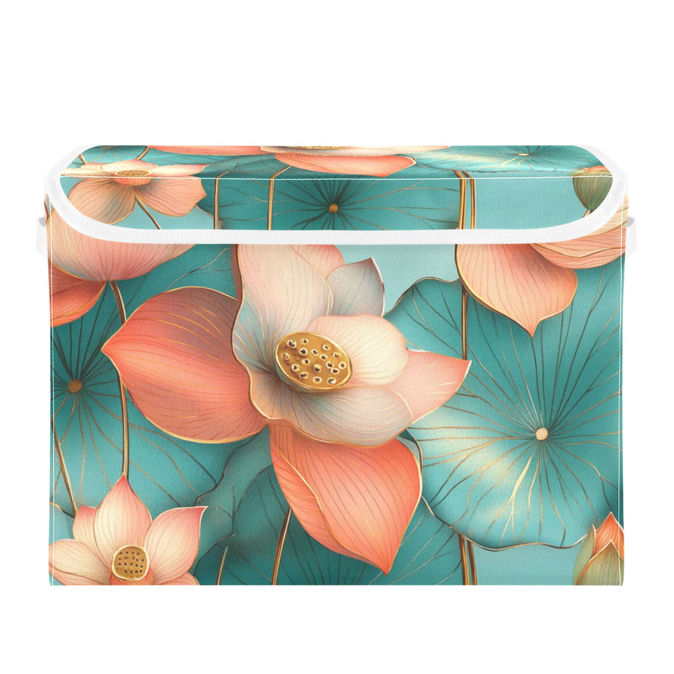 Pink Lotus Picture Large Storage Bins with Linen Collapsible Lid Storage Box 16.7 x 12.6 x 11.8in