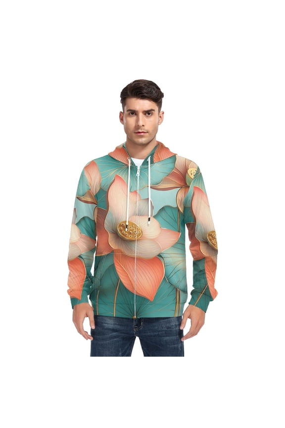 Pink Lotus Picture Men’s Hoodies Sweatshirt with Full Zip Pockets Fleece Jackets
