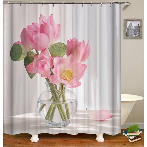 Pink Lotus Shower Curtain Photorealistic Botanical Flower in Glass Vase Zen Spa Bath Decor Fabric for Bathroom Sets with Hooks-36"W x 72"L (Pack of 1)