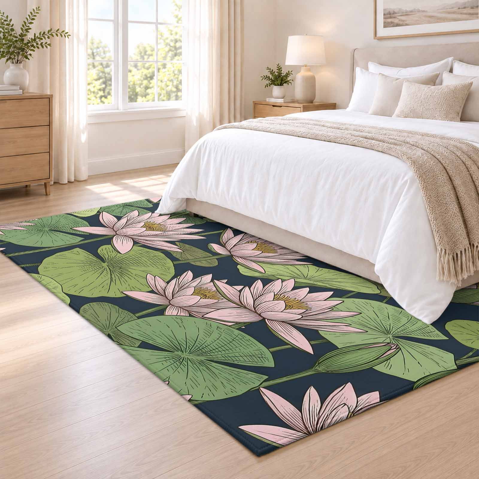 Pink Rug Dorm Pink Lotus Water Lily Dark Green Leaves Entryway Rug 4x6ft, Washable ...