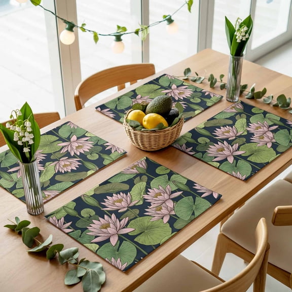 Pink Lotus Water Lily Dark Green Leaves Placemats Set of 4,Wipeable Washable Table Mats for Dining Tables, Oriental Style Place Mats for Kitchen Event Party Tabletop Decor
