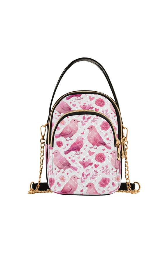 Pink Love Birds Pattern Women's Crossbody Handbags Leather Crossbody Bags Fanny Pack Chest Bag for Travel