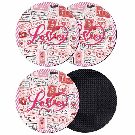 Pink Love Coasters Set of 4, Absorbent Coasters for Drinks, Valentine's Day Postmark Mails Retro Coaster for Desk Coffee Table Protection, Home Decor House Warming Gifts 4"