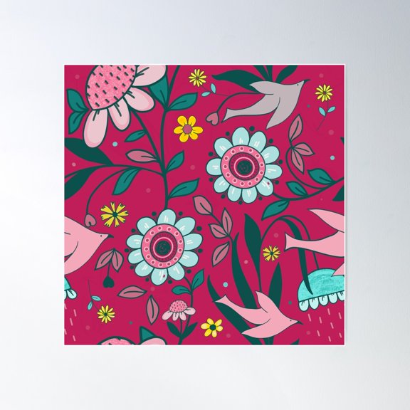 Pink Love Flowers Pattern | Birds Flying Poster Wall Art, Modern Wall Decor For Living Room Bedroom, 24x24 UNFRAMED