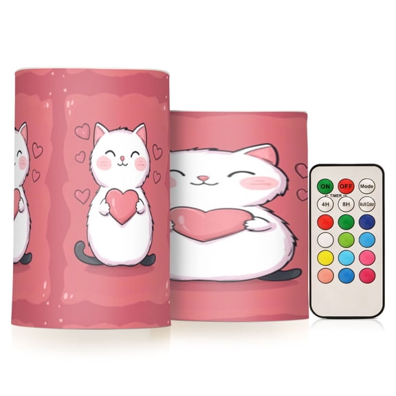 Pink Love Heart Cat Flickering Flameless Candles Battery Operated with Remote Timer LED Pillar Candles Set of 2