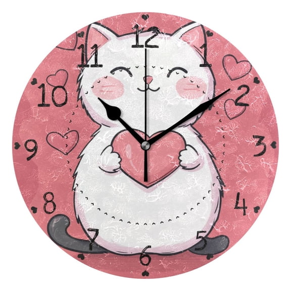 Pink Love Heart Cat Round Wall Clock Silent Battery Operated Home Decor for Living Room Bedroom
