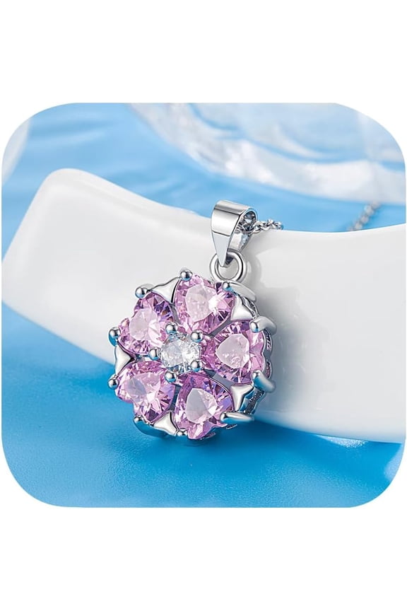 Pink Love Heart Cubic Zirconia Pendant Necklace 925 Silver Crystal Pink Gem Cherry Blossom Peach Blossom Flower Pendant Necklace for Her Women