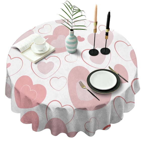Pink Love Heart Valentine's Day Round Table Cloth,Wrinkle Resistant Table Cover with Polyester,Waterproof Reusable Tableclothes for Easter Birthday Picnic Wedding (Round,60x60inch)