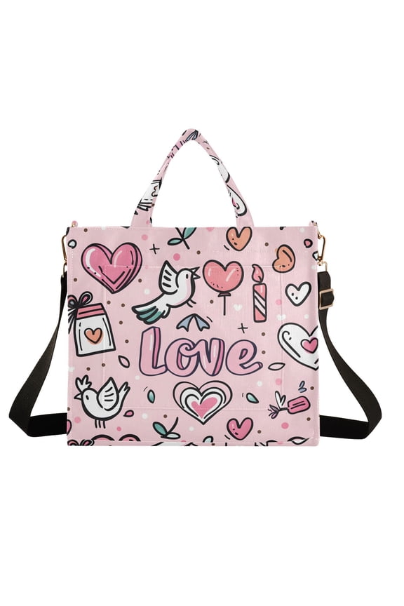 Pink Love Hearts Birds Corduroy Tote Bag Handbag Large Messenger Bag Shoulder Crossbody Zipper Bag Purse