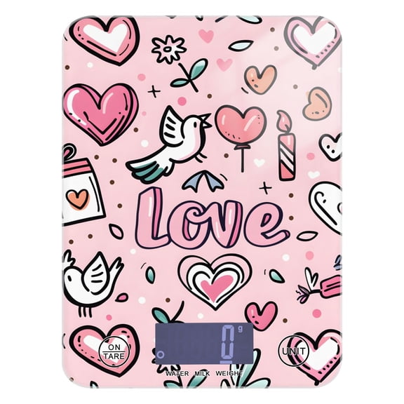 Pink Love Hearts Birds Food Scale Digital Kitchen Scale Waterproof Tempered Glass Tare Function 11 lb for Baking Cooking Meal Prep