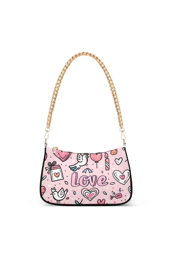 Pink Love Hearts BirdsWomen Small Shoulder Bag Crossbody Tote Hobo Bags Purse Clutch Handbags with Chain Strap for Women