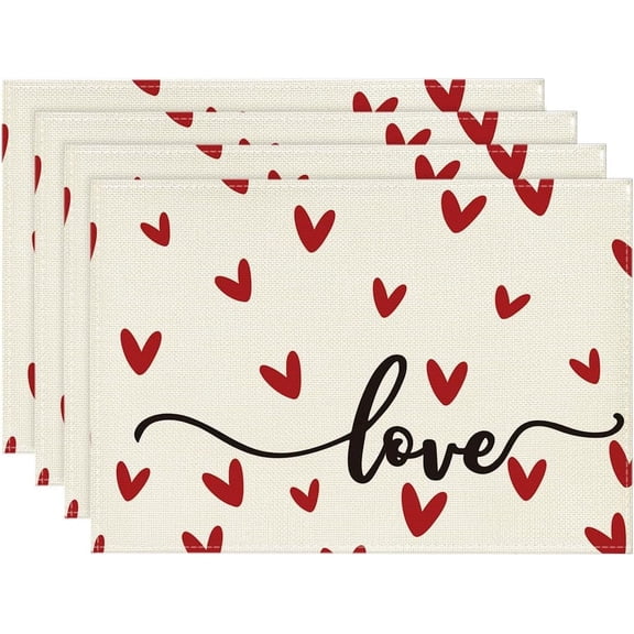 Pink Love Hearts Placemats Set of 4, 12x18 Inch Seasonal Table Mats for Party Kitchen Dining Decoration