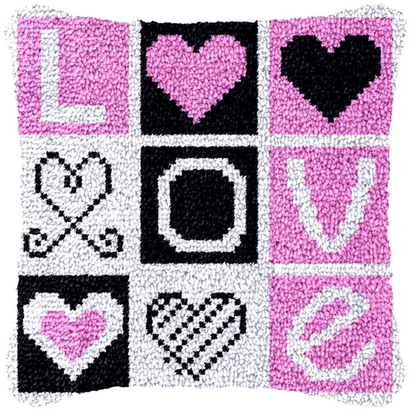 Pink Love Latch Hook Kits Pillow Cover DIY Rug Making Crochet Hook Cushion Making Kits with Preprinted Pattern Canvas DIY Needlework Crochet Kits Sofa Decor 43x43cm
