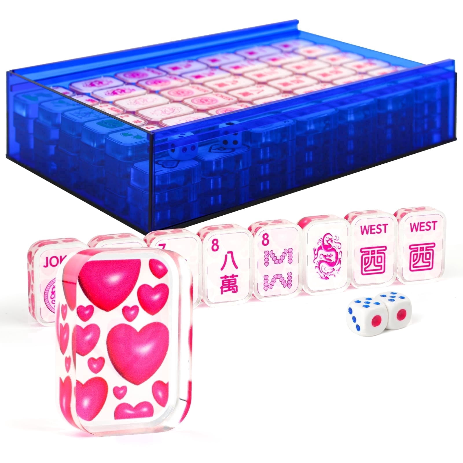 Pink "Love" Mahjong Set | 166 Transparent Tiles (1.18") with Heart Accents, 2 Dice & Blue Case | Complete Game