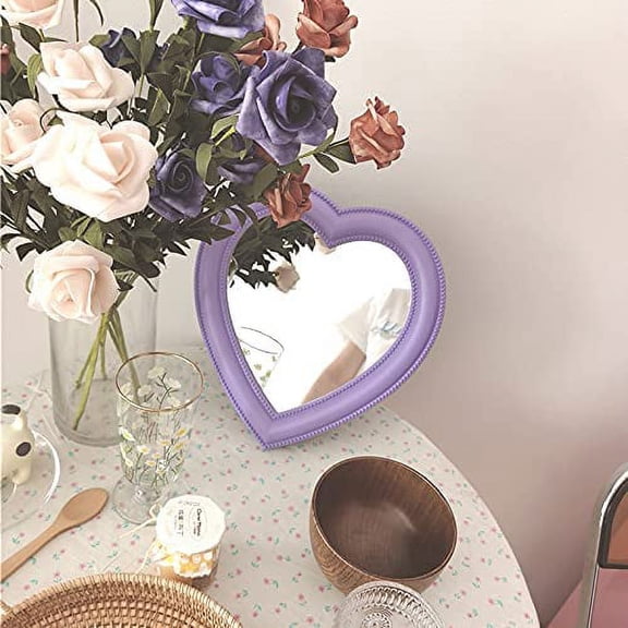 Pink Love Mirror Desktop Makeup Mirror Wall Mounted Dual-Use Vanity Mirror Girl Room Wall Decoration Heart-Shaped Mirror (Big Purple)