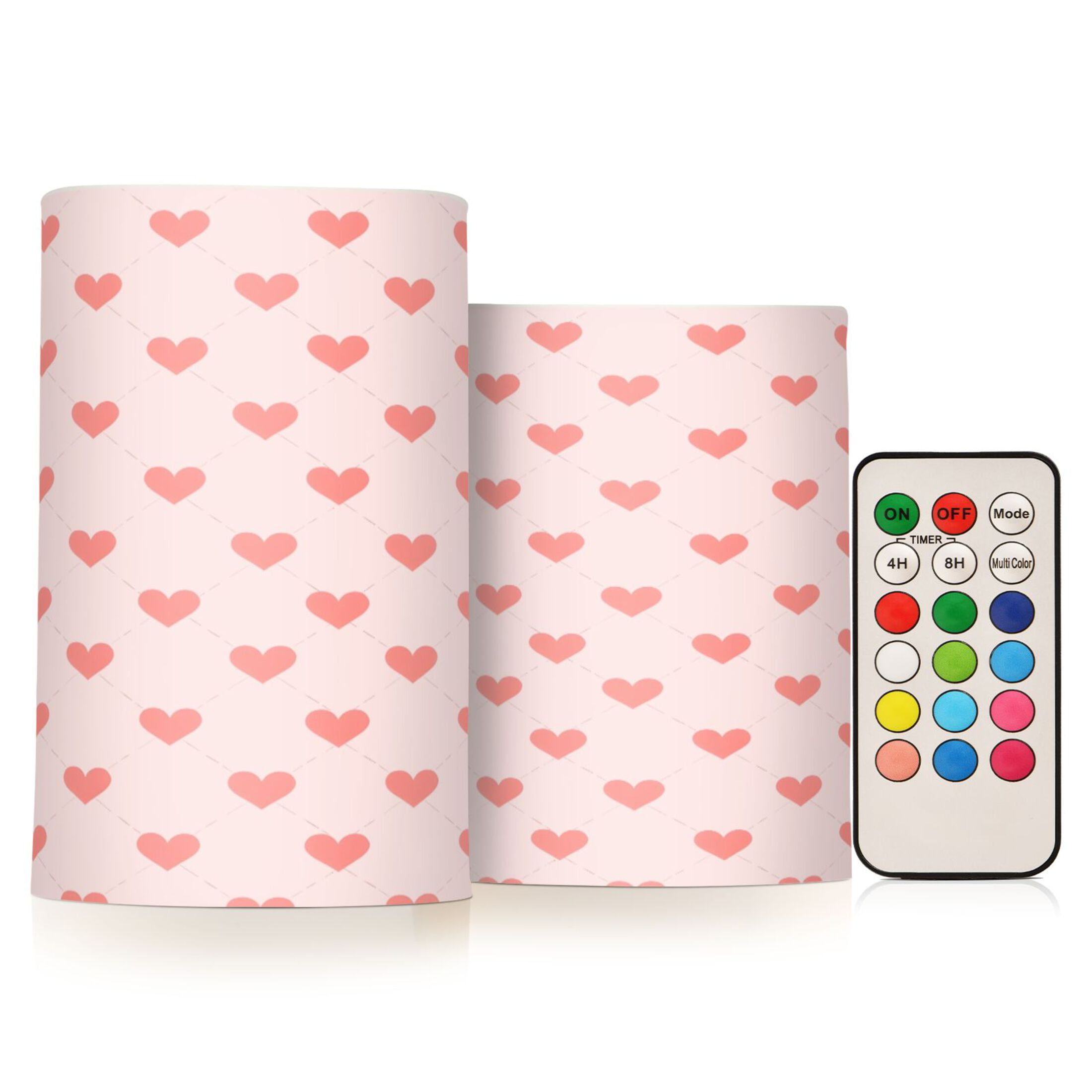Pink Love Pattern Flameless LED Candle Set with Remote, Battery Operated Color Changing Pillar Candles, Set of 2