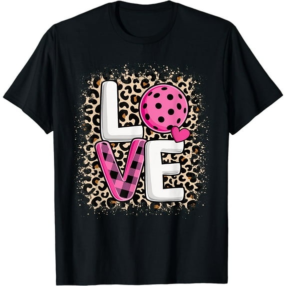 Pink Love Pickleball Cute Pickleball Lover Leopard Print T-Shirt