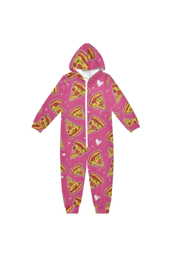 Pink Love Pizza Pattern One Piece Pajamas Soft Jumpsuit Cozy Sleep and Play Romper Zipper and Pockets 4T