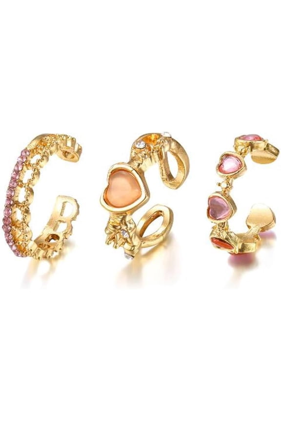 Pink Love Ring Thorn Imitation Opal Ring Adjustable Heart Shape Shiny Stackable Finger Joint Ring Set of Three