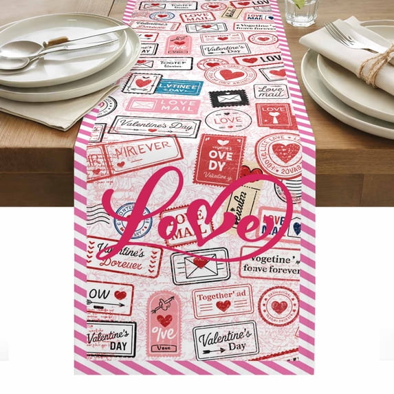 Pink Love Table Runner - 108 Inch Long, Kitchen Dining Table Runner Dresser Scarves, Valentine's Day Postmark Mails Retro Farmhouse Decor for Coffee Tables Wedding Party Banquet
