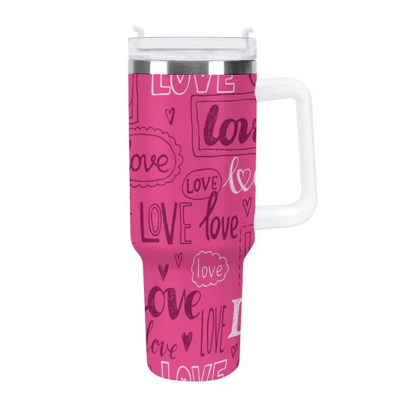Pink Love Text 40 Oz Tumbler with Handle and Straw Lid, Stainless Steel Insulated Travel Coffee Mug, Vacuum Insulated Water Bottle for Home, Office, Car, Keep Hot/Cold for Hours