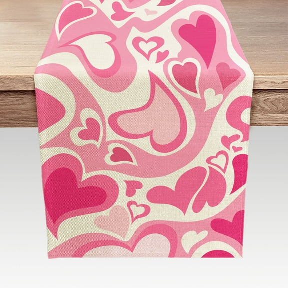 Pink Love Valentine's Day Table Runner, Pink Heart Romantic Love Valentines Table Runner, Mother's Day Linen Table Runners Anniversary Wedding Kitchen Dining Room,for Home Party Decor 13X72in