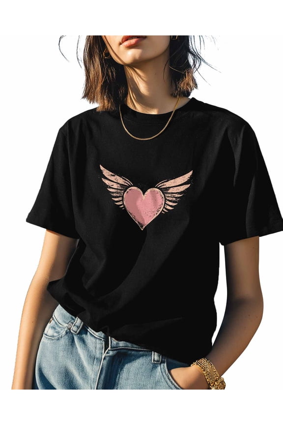 Pink Love Wings Womens Tshirt Graphic Tees Cotton Crew Neck T-Shirts, Casual Short Sleeve Shirts for Women Teen Girl