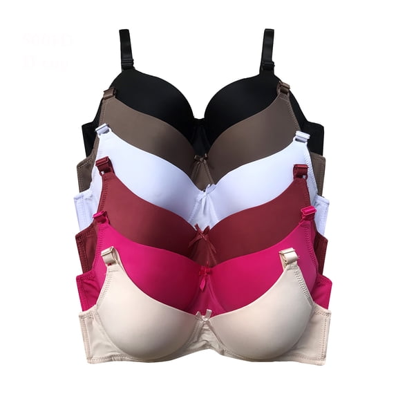 Pink Lover 6 Pieces Plus Size Underwired Full Cup Plain Light Padded Bra D/DD/DDD (34D)
