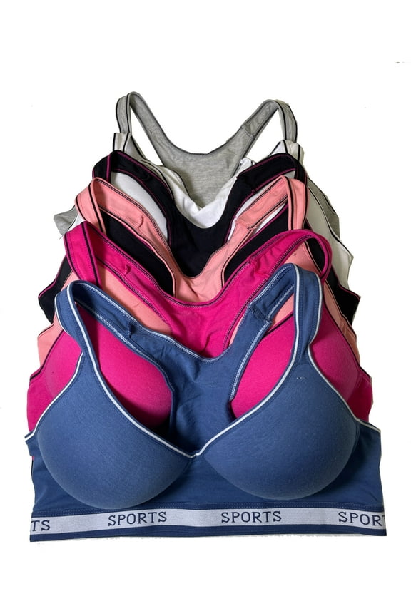 Women Bras 6 Pack of Cotton Sports Bra B cup C cup D cup 38D (6827)