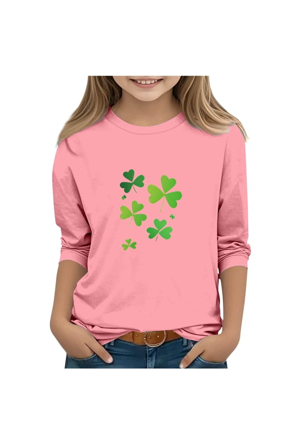Pink Lucky Clover Graphic T-Shirt for Girls 4-12 Years St Patricks Day 3/4 Sleeve Soft Stretch Polyester Spandex Relaxed Fit Casual Kids Tee,Size 12-13T
