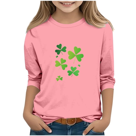 Pink Lucky Clover Graphic T-Shirt for Girls 4-12 Years St Patricks Day 3/4 Sleeve Soft Stretch Polyester Spandex Relaxed Fit Casual Kids Tee,Size 7-8T