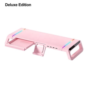 Pink Luxury Monitor Stand Riser with RGB Lights, USB Hub, Phone Holder & Storage Drawer - Ergonomic Desk Organizer for PC Laptop