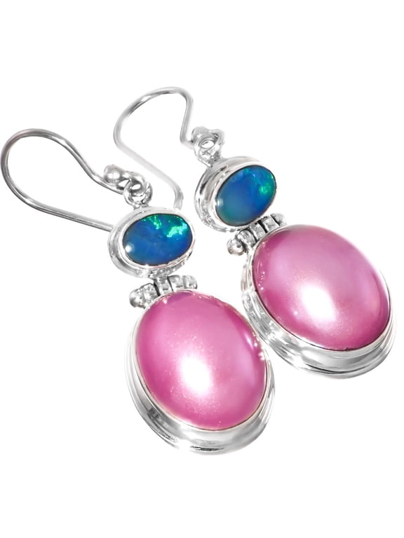Pink Mabe Cultured Pearl Opal Doublet 925 Sterling Silver Earrings, 1"