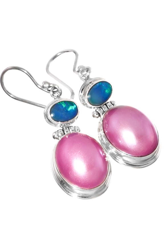 Pink Mabe Cultured Pearl Opal Doublet 925 Sterling Silver Earrings, 1"