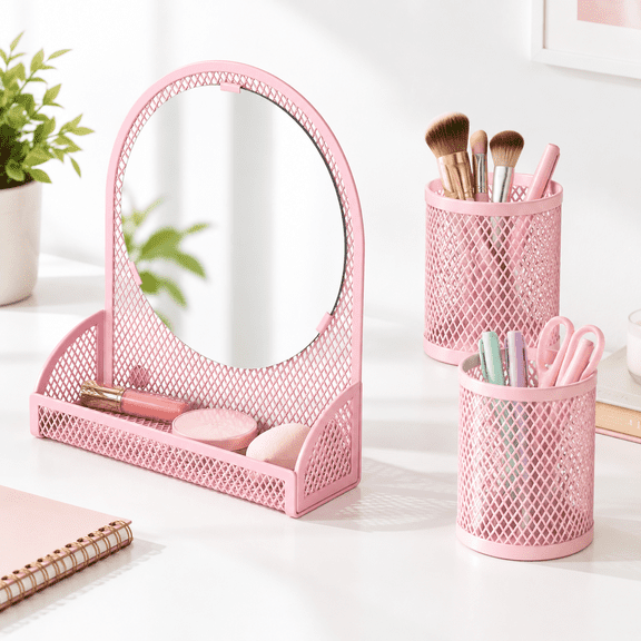 Pink Magnetic Locker Organizer Kit with Mirror and 2 Pen Holders