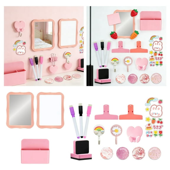 Pink Locker Organizer Set, 18 Pack, Mirror Whiteboard Pen Holder and Clips Kit, Back to School Supplies for Girls, Cute Gym Fridge Decor Accessories, New Year Gift, 10.6 Inch