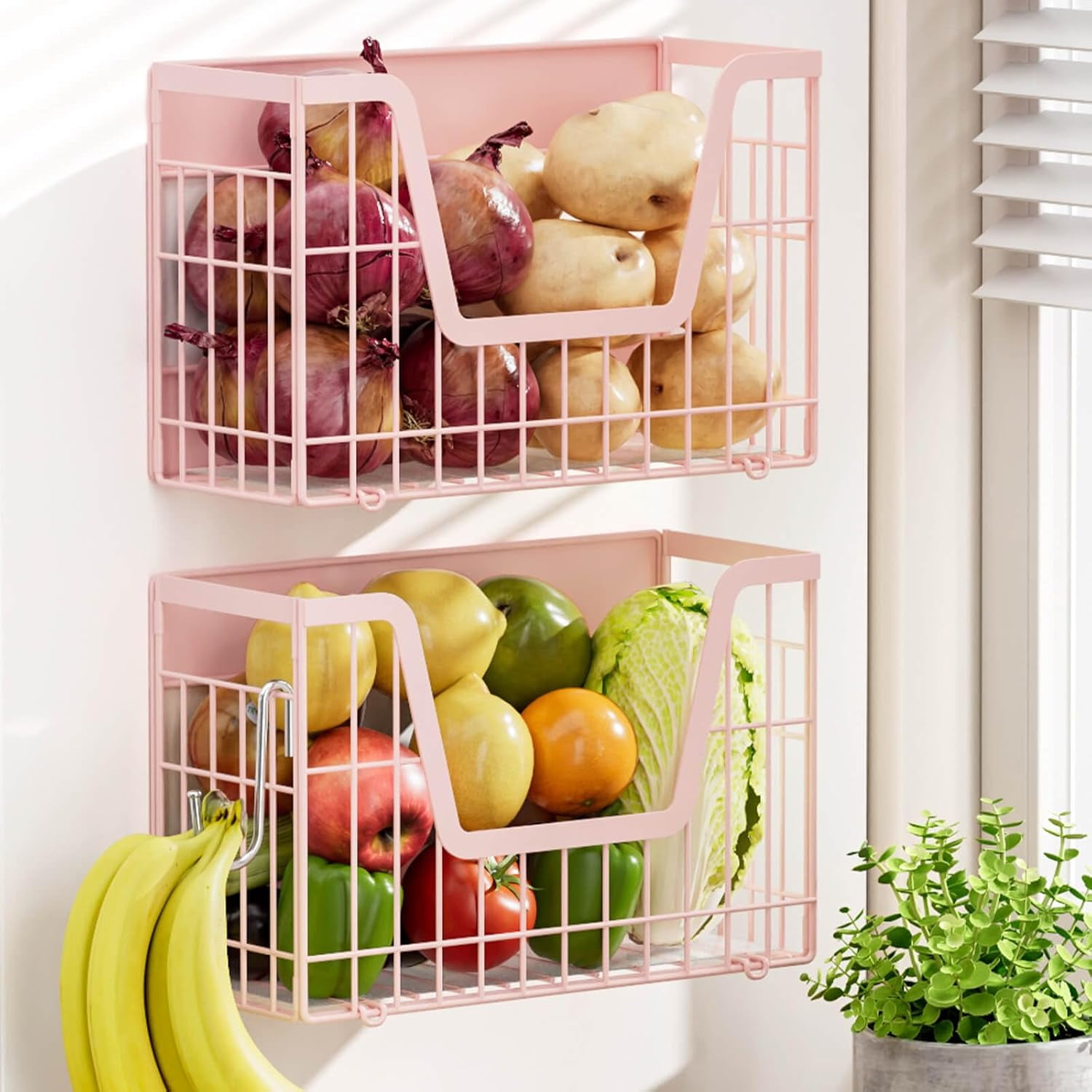 Pink Magnetic Shelf for Fridge, 2 Set Magnetic Fruit Baskets for Refrigerator Magnet Shelves, Potato and Onion Storage Bins, Magnet Holder Wire Basket for Laundry Room Pantry Kitchen Organizer