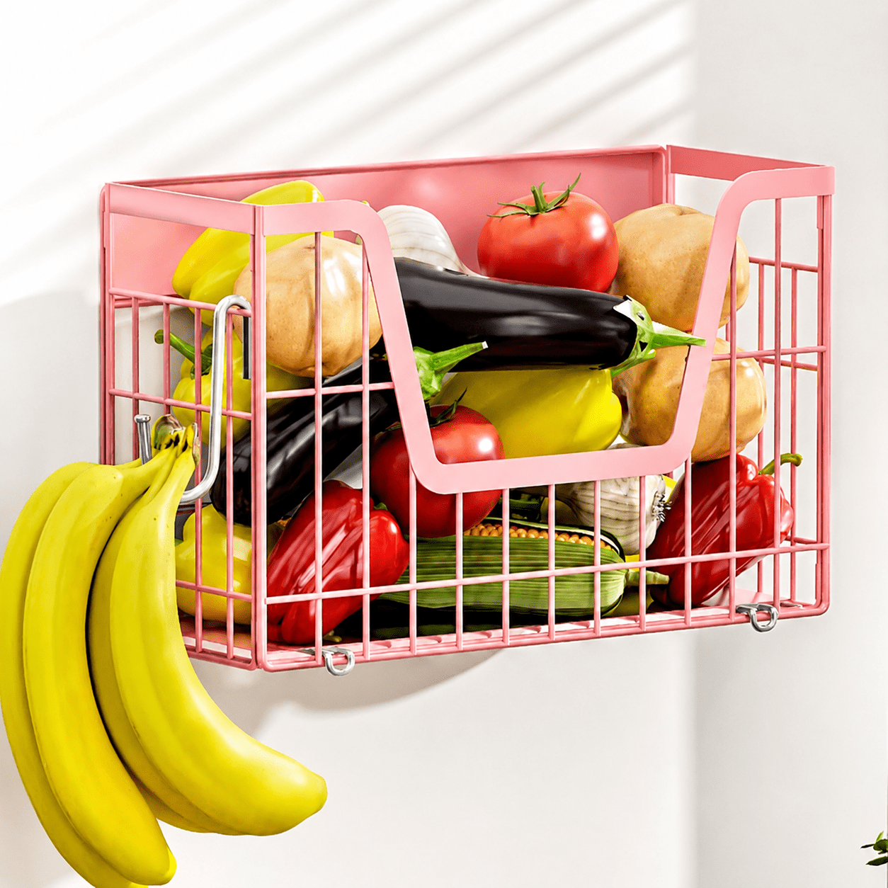 Pink Magnetic Shelf for Fridge, Fruit Potato and Onion Storage Bins, Magnetic Spice Rack Shelves for Side of Refrigerator, Fruit Basket Magnetic Fridge Shelf Kitchen Pantry Storage Organizer