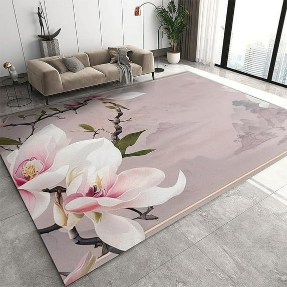 Pink Magnolia Area Rug, Woman Flowers Indoor Non Slip Living Room Rug, Low Pile Foldable Home Decor Carpet For Bedside Bedroom Kitchen Dining Room Decor Floor Mat 3 x 5ft