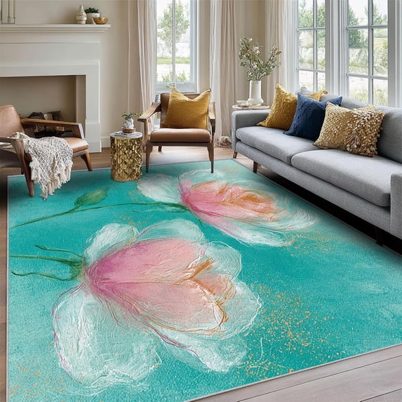 Washable Abstract Shape Rug Pink Magnolia Area Rugs, Teal Abstract Floral Carpet, Washable Non Slip ...