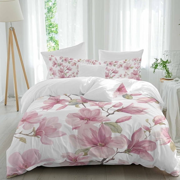 Pink Magnolia Flower Comforter Set Queen Size, Watercolor Pink Floral Leaf Soft Bedding Set for Man Woman, 4 Pieces Duvet Cover Set with Fitted Sheet, 2 Pillowcases