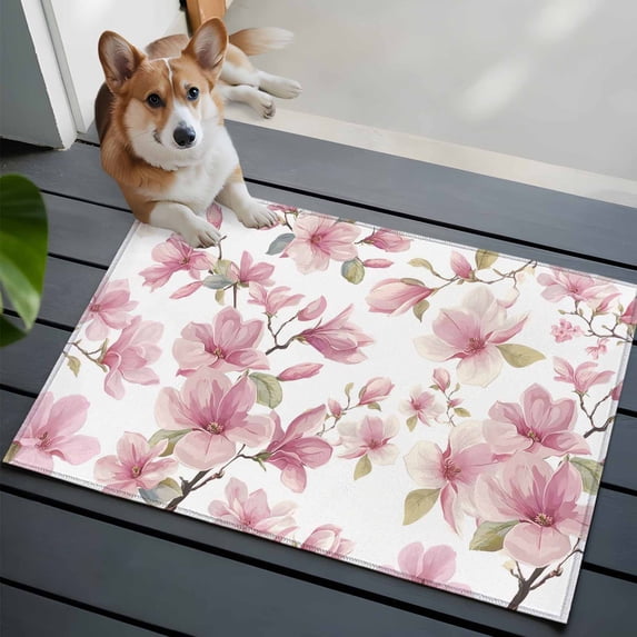 Pink Magnolia Flower Front Door Rugs 2x3 ft Watercolor Pink Floral Leaf Small Rug for Entryway Non Slip Washable Bathroom Door Mat Absorbent Floor Mat for Indoor Entrance