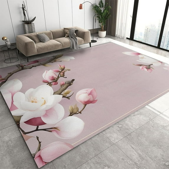 Pink Magnolia Flowers Area Rug, European Minimalist Background Living Room Rugs, with Anti-Slip Backing Washable Indoor Carpet for Living Room Bedroom Study Dining Room 3' x 4'